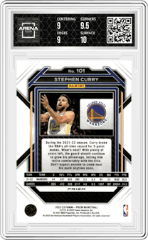 Stephen Curry from the 2022-23 Panini Prizm  set featuring a Silver Prizm parallel graded by Arena Club and given an overall grade of 9.5.