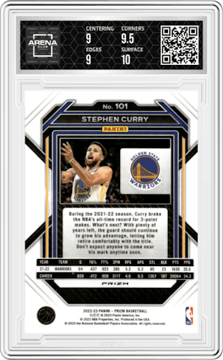 Stephen Curry from the 2022-23 Panini Prizm  set featuring a Silver Prizm parallel graded by Arena Club and given an overall grade of 9.5.