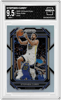 Stephen Curry from the 2022-23 Panini Prizm  set featuring a Silver Prizm parallel graded by Arena Club and given an overall grade of 9.5.