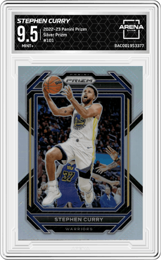 Stephen Curry from the 2022-23 Panini Prizm  set featuring a Silver Prizm parallel graded by Arena Club and given an overall grade of 9.5.