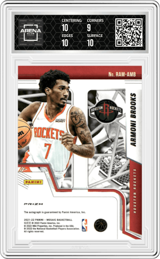 Armoni Brooks  from the 2021-22 Panini Mosaic  set featuring a Choice Fusion Red & Yellow parallel graded by Arena Club and given an overall grade of 9.5.