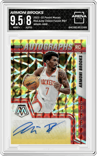 Armoni Brooks  from the 2021-22 Panini Mosaic  set featuring a Choice Fusion Red & Yellow parallel graded by Arena Club and given an overall grade of 9.5.