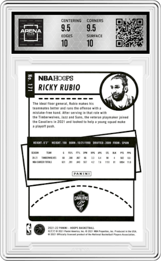 Ricky Rubio from the 2021-22 Panini NBA Hoops set featuring a Orange Explosion parallel graded by Arena Club and given an overall grade of 10.