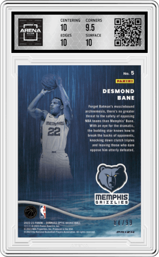 Desmond Bane from the 2022-23 Panini Donruss Optic  set featuring a Red parallel graded by Arena Club and given an overall grade of 10.