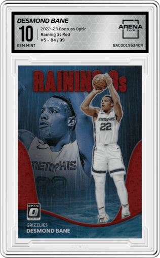 Desmond Bane from the 2022-23 Panini Donruss Optic  set featuring a Red parallel graded by Arena Club and given an overall grade of 10.