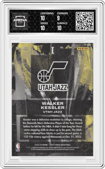 Walker Kessler from the 2022-23 Panini Court Kings set graded by Arena Club and given an overall grade of 9.5.