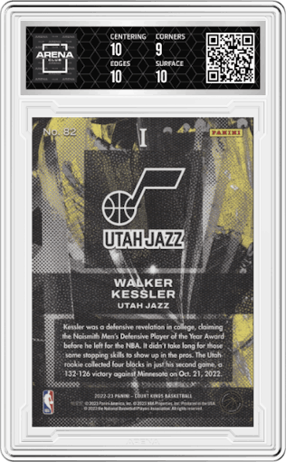 Walker Kessler from the 2022-23 Panini Court Kings set graded by Arena Club and given an overall grade of 9.5.