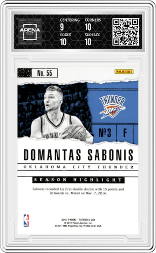 Domantas Sabonis from the 2017 Panini Father’s Day set graded by Arena Club and given an overall grade of 9.5.
