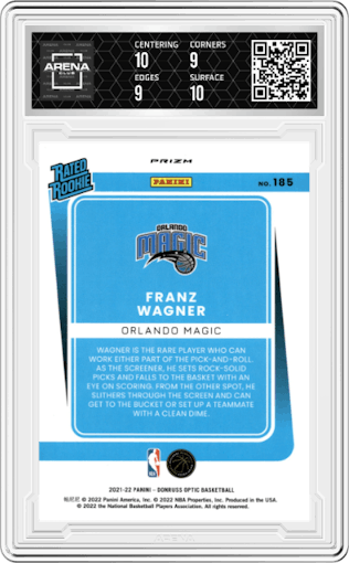 Franz Wagner  from the 2021-22 Panini Donruss Optic set featuring a Blue Velocity parallel graded by Arena Club and given an overall grade of 9.5.