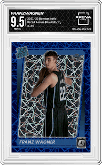Franz Wagner  from the 2021-22 Panini Donruss Optic set featuring a Blue Velocity parallel graded by Arena Club and given an overall grade of 9.5.