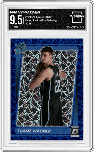 Franz Wagner  from the 2021-22 Panini Donruss Optic set featuring a Blue Velocity parallel graded by Arena Club and given an overall grade of 9.5.