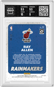 Ray Allen from the 2019-20 Panini Donruss Optic set featuring a Red parallel graded by Arena Club and given an overall grade of 9.5.