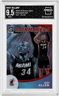 Ray Allen from the 2019-20 Panini Donruss Optic set featuring a Red parallel graded by Arena Club and given an overall grade of 9.5.