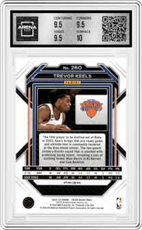 Trevor Keels from the 2022-23 Panini Prizm  set featuring a Red Ice parallel graded by Arena Club and given an overall grade of 10.