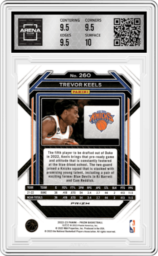 Trevor Keels from the 2022-23 Panini Prizm  set featuring a Red Ice parallel graded by Arena Club and given an overall grade of 10.