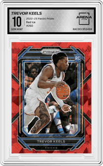 Trevor Keels from the 2022-23 Panini Prizm  set featuring a Red Ice parallel graded by Arena Club and given an overall grade of 10.