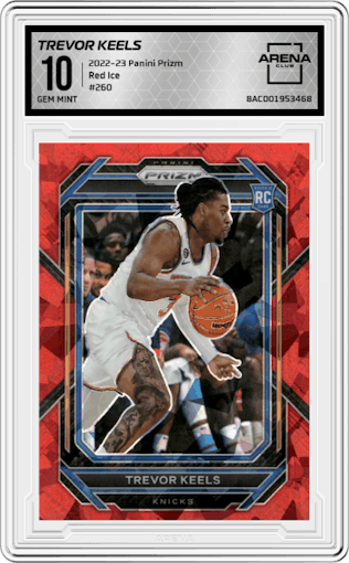 Trevor Keels from the 2022-23 Panini Prizm  set featuring a Red Ice parallel graded by Arena Club and given an overall grade of 10.