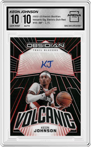 Keon Johnson from the 2022-23 Panini Obsidian set featuring a Electric Etch Red parallel graded by Arena Club and given an overall grade of 10.