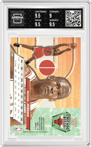 Michael Jordan from the 1992-93 Fleer Ultra set graded by Arena Club and given an overall grade of 9.5.
