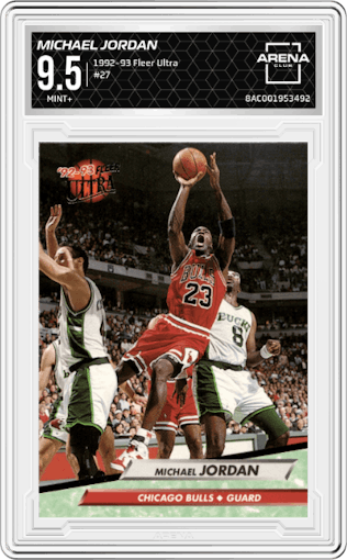 Michael Jordan from the 1992-93 Fleer Ultra set graded by Arena Club and given an overall grade of 9.5.