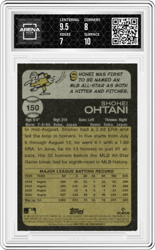Shohei Ohtani from the 2022 Topps Heritage set graded by Arena Club and given an overall grade of 7.5.