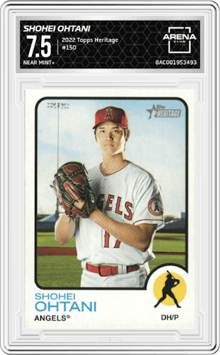 Shohei Ohtani from the 2022 Topps Heritage set graded by Arena Club and given an overall grade of 7.5.