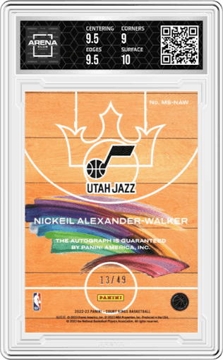 Nickeil Alexander-Walker from the 2022-23 Panini Court Kings set featuring a Ruby parallel graded by Arena Club and given an overall grade of 9.5.