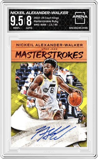 Nickeil Alexander-Walker from the 2022-23 Panini Court Kings set featuring a Ruby parallel graded by Arena Club and given an overall grade of 9.5.
