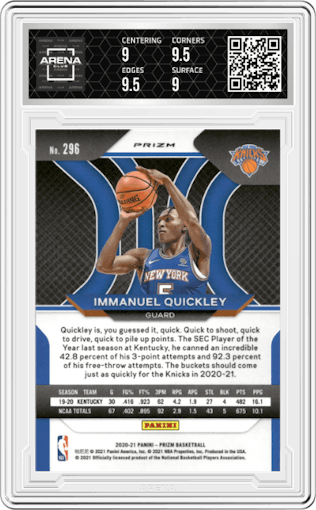 Immanuel Quickley from the 2020-21 Panini Prizm set featuring a Blue Wave parallel graded by Arena Club and given an overall grade of 9.5.