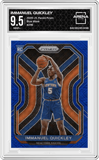 Immanuel Quickley from the 2020-21 Panini Prizm set featuring a Blue Wave parallel graded by Arena Club and given an overall grade of 9.5.