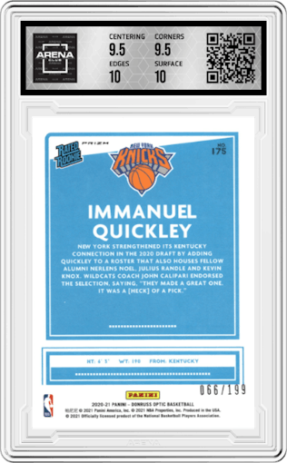 Immanuel Quickley from the 2020-21 Panini Donruss Optic set featuring a Orange parallel graded by Arena Club and given an overall grade of 10.