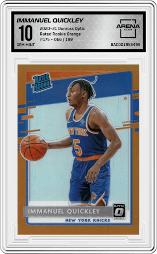 Immanuel Quickley from the 2020-21 Panini Donruss Optic set featuring a Orange parallel graded by Arena Club and given an overall grade of 10.