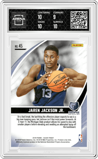Jaren Jackson Jr. from the 2018 Panini Black Friday set graded by Arena Club and given an overall grade of 9.5.