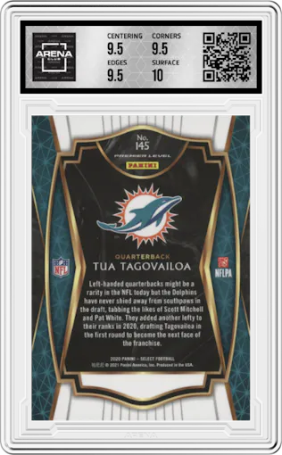 Tua Tagovailoa from the 2020 Panini Select set graded by Arena Club and given an overall grade of 10.