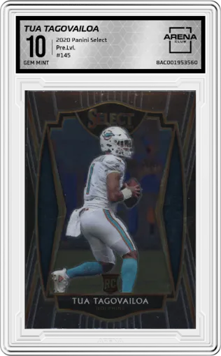 Tua Tagovailoa from the 2020 Panini Select set graded by Arena Club and given an overall grade of 10.