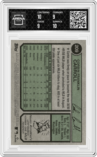 Corbin Carroll from the 2023 Topps Heritage set graded by Arena Club and given an overall grade of 9.5.