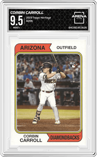 Corbin Carroll from the 2023 Topps Heritage set graded by Arena Club and given an overall grade of 9.5.
