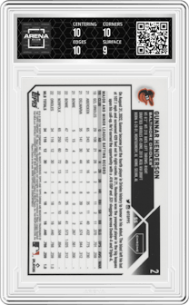 Gunnar Henderson from the 2023 Topps Chrome set graded by Arena Club and given an overall grade of 9.5.