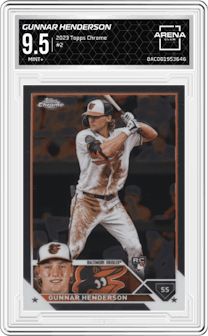 Gunnar Henderson from the 2023 Topps Chrome set graded by Arena Club and given an overall grade of 9.5.