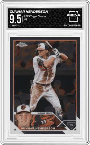 Gunnar Henderson from the 2023 Topps Chrome set graded by Arena Club and given an overall grade of 9.5.