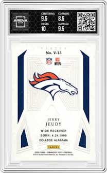 Jerry Jeudy from the 2020 Panini Chronicles set graded by Arena Club and given an overall grade of 9.