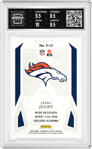 Jerry Jeudy from the 2020 Panini Chronicles set graded by Arena Club and given an overall grade of 9.