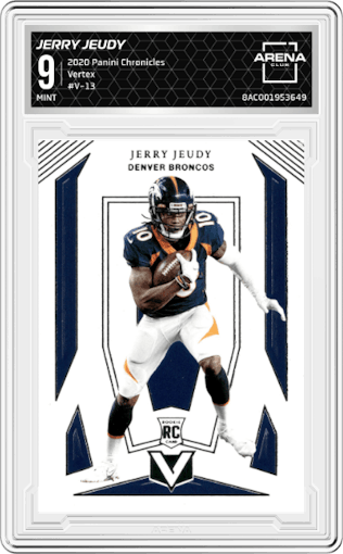 Jerry Jeudy from the 2020 Panini Chronicles set graded by Arena Club and given an overall grade of 9.