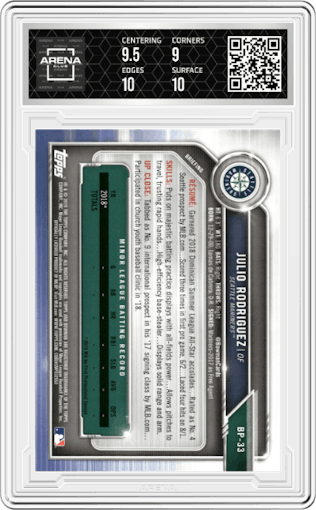 Julio Rodriguez from the 2019 Bowman  set graded by Arena Club and given an overall grade of 9.5.