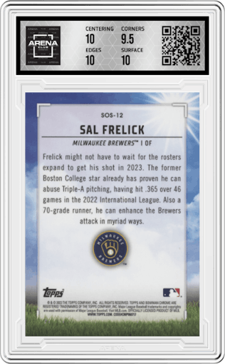 Sal Frelick from the 2023 Bowman  set featuring a Aqua Refractor parallel graded by Arena Club and given an overall grade of 10.