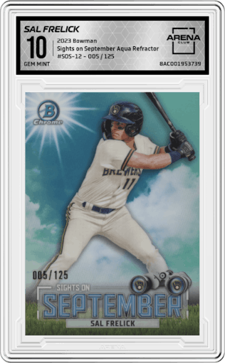 Sal Frelick from the 2023 Bowman  set featuring a Aqua Refractor parallel graded by Arena Club and given an overall grade of 10.