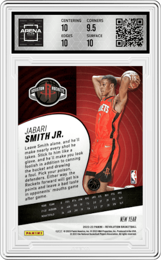 Jabari Smith Jr. from the 2022-23 Panini Revolution  set featuring a Chinese New Year parallel graded by Arena Club and given an overall grade of 10.