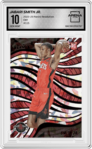 Jabari Smith Jr. from the 2022-23 Panini Revolution  set featuring a Chinese New Year parallel graded by Arena Club and given an overall grade of 10.