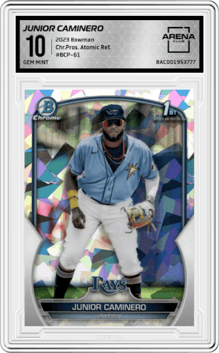 Junior Caminero from the 2023 Bowman  set featuring a Atomic Refractor parallel graded by Arena Club and given an overall grade of 10.