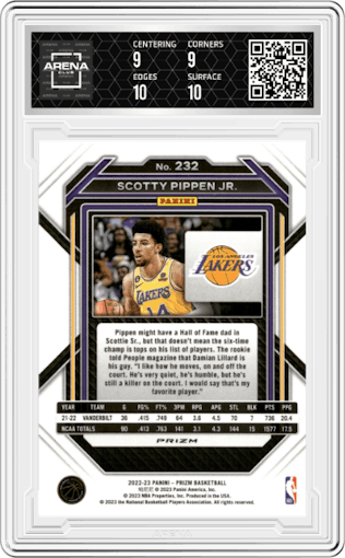 Scotty Pippen Jr. from the 2022-23 Panini Prizm  set featuring a Silver Prizm parallel graded by Arena Club and given an overall grade of 9.5.